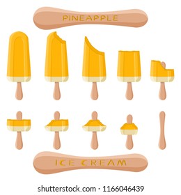 Natural logo for pineapple ice cream sherbet in different forms. Pineapple pattern consisting of sweet cold ice cream sherbet, tasty frozen dessert. Fresh taste fruit ice cream sherbet from pineapple.