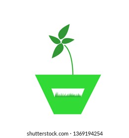natural logo sprout with four green leaves in a pot with a pattern nature and gardening concept