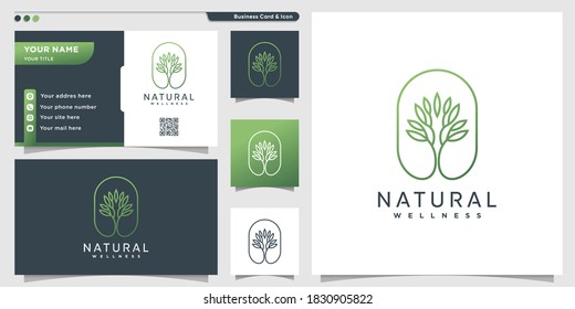 Natural logo with unique tree line art style and business card design Premium Vector