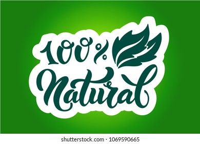 Natural logo. Vector image for food labels, emblems for packaging healthy food, vegetarian menu. Isolated sign on white background. Style text calligraphy and lettering.