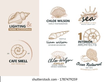 Natural logos vector collection. Brand identity in line sketch style. Set of hand drawn nature labels and badges. Marine symbol, seashells, oysters - graphic element. Seafood restaurant logo design.