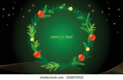 A natural looking Christmas wreath made of pine. Green background. New Year's Eve Celebration Ideas.