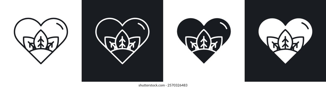 Natural love icons vectors set in black. line and flat versions