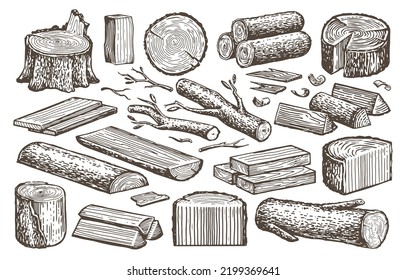 Natural lumber, timber, woodworking set. Carpentry materials, wood. Tree stump, logs, plank, billet vector sketch