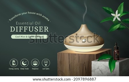 Natural luxury aroma diffuser or air humidifier ad template. 3d product mock up set on wooden square stage with essential oil and jasmine flower.