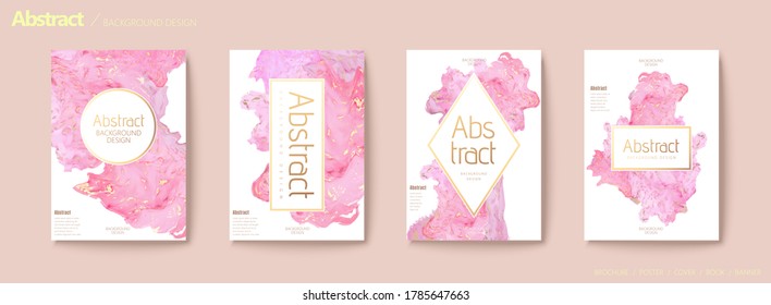 Natural luxury marble effect flyer set, geometric shape copy space on pink and gold leaf