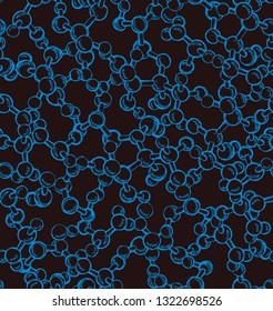 Natural macro bacteria skelet life ball shape chain on black space backdrop. Gas acid discovery lab object concept. Linear blue ink hand drawn logo sign sketch in modern school art graphic silhouette