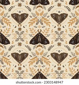 Natural magic motif in Scandinavian folk style. Vintage illustration. Seamless pattern with butterflies, ferns and other forest herbs. Fairy forest. In earthy tones. For printing on fabric, wallpaper