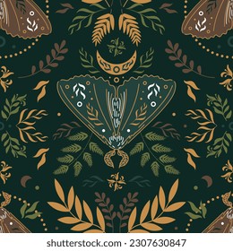 Natural magic motif in Scandinavian folk style. Vintage illustration. Seamless pattern with butterflies, ferns and other forest herbs. Fairy forest. For printing on fabric, wallpaper