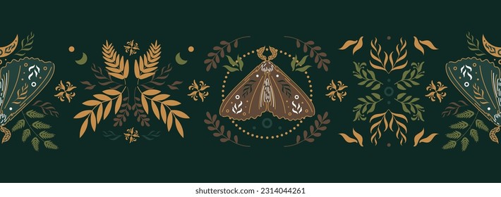 Natural magic motif in Scandinavian folk style. Vintage illustration. Seamless border with butterflies, ferns and other forest herbs. Fairy forest. For printing on fabric, wallpaper