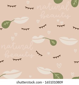 Natural make up seamless pattern with lips, lashes, foliage and calligraphy about beauty of a woman. Abstract face holding an eucaliptus leaf in a mouth to use as product wrapping, banner background.