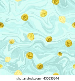 Natural marble imitation seamless vector pattern. Trendy backdrop with acrylic drips and glittering gold blots. Paint waves and vortexes stone texture.