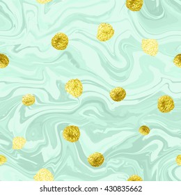 Natural marble imitation seamless vector pattern. Trendy backdrop with acrylic drips and glittering gold blots. Paint waves and vortexes stone texture.