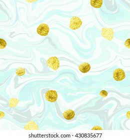 Natural marble imitation seamless vector pattern. Trendy backdrop with acrylic drips and glittering gold blots. Paint waves and vortexes stone texture.