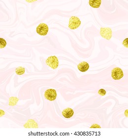 Natural marble imitation seamless vector pattern. Trendy backdrop with acrylic drips and glittering gold blots. Paint waves and vortexes stone texture.