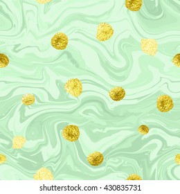 Natural marble imitation seamless vector pattern. Trendy backdrop with acrylic drips and glittering gold blots. Paint waves and vortexes stone texture.