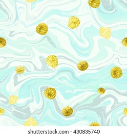 Natural marble imitation seamless vector pattern. Trendy backdrop with acrylic drips and glittering gold blots. Paint waves and vortexes stone texture.