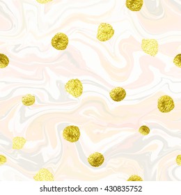 Natural marble imitation seamless vector pattern. Trendy backdrop with acrylic drips and glittering gold blots. Paint waves and vortexes stone texture.