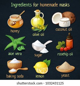 Natural mask ingredients for home face skin care. Cartoon vector food icons set on black background