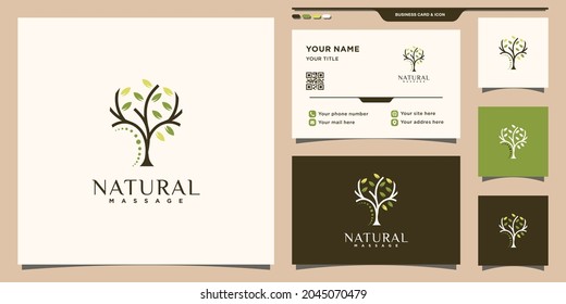 Natural massage logo with tree concept and business card design Premium Vector