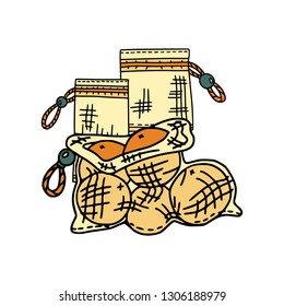 Natural material bags and pouches, with fruit. Ecological and zero-waste products and items. Sustainable shopping and storage.