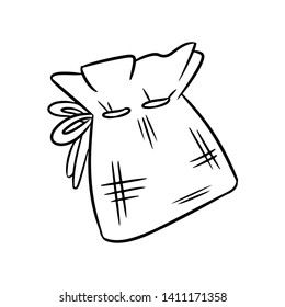 Natural material cotton bag doodle sketch. Ecological and zero-waste bag. Green house and plastic-free