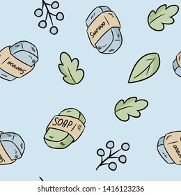 Natural material soap and shampoo seamless pattern. Ecological and zero-waste product. Green house and plastic-free