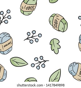 Natural material soap and shampoo seamless pattern. Ecological and zero-waste product. Green house and plastic-free