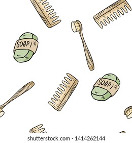 Natural material toothbrush, soap and comb seamless pattern. Ecological and zero-waste product. Green house and plastic-free