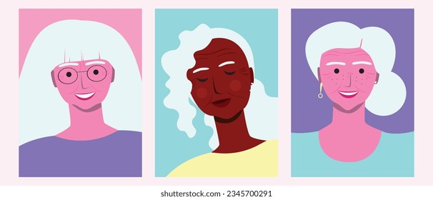 Natural mature or older women with wrinkles, different ethnic group, visually impaired person, set or collection, vector stock illustration