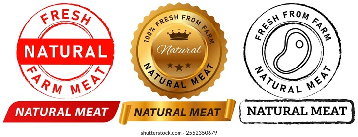 Natural meat farmer butcher farm butchery fresh cow sheep chicken healthy organic nature stamp colorful badge emblem sticker banner label ribbon design icon set collection