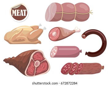 Natural meat products. Set of simple color illustrations on a white background