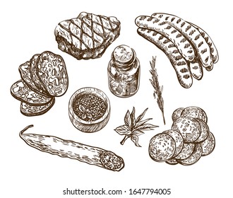 natural meat products. set of vector sketches on a white background