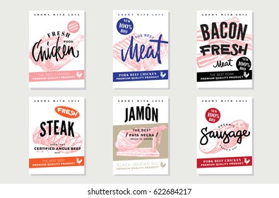 Natural meat promotional posters with inscriptions and hand drawn fresh organic products vector illustration