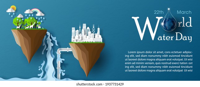 Natural mechanism with water pipe to cityscape in paper cut style on wording of World water day, example texts and blue gradient paper pattern background. World water day's poster campaign in vector.