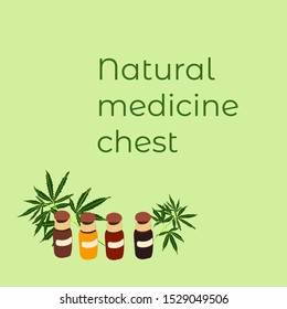 natural medicine chest concept. Elements of ethnoscience and text ethnomedicine. Herbal medicine. Vector flat illustration isolated on color background.naturopathy symbols. Alternative herbal medicine
