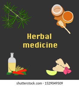 natural medicine chest concept. Elements of ethnoscience and text ethnomedicine. Herbal medicine. Vector flat illustration isolated on color background.naturopathy symbols. Alternative herbal medicine