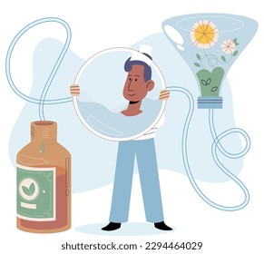 Natural medicine concept with scientists make pill from herbal ingredients. Specialist pharmacist preparing herbal remedy to patient. Doctor develops ayurvedic homeopathic drugs of plants and extracts