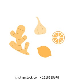 Natural medicine food flat icons set ginger garlic lemon citrus fruits on white background. Immune system boosters. Treatment for sick people. Flu cold infection medicine. Virus vector illustration.