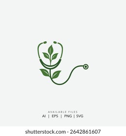 Natural Medicine Holistic Health Logo with Stethoscope and Green Leaves , Organic Healthcare Logo 
