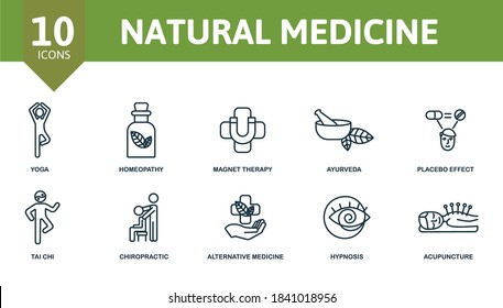 Natural medicine icon set. Collection contain magnet, therapy, yoga, placebo, effect, ayurveda, acupuncture, chiropractic, tai, chi and over icons. Natural medicine elements set.