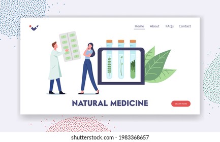 Natural Medicine Landing Page Template. Specialist Giving Herbal Remedy to Patient. Male Doctor Character Prepare Ayurvedic Drugs of Plants and Herbal Ingredients. Cartoon People Vector Illustration