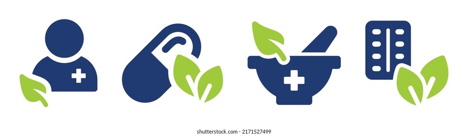 Natural medicine with leaf icon vector set. Herbalism and naturopathy remedy symbol illustration.