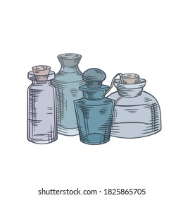 Natural medicine and medicine. Perfumes and potions. Colorful sketch of small bottles, flasks on a white background. Vector object for recipes, banners and your design.