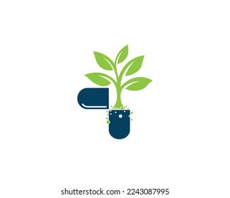 Natural Medicine pharmacy logo design. Unique herbal capsule, bio eco capsule vector illustration.