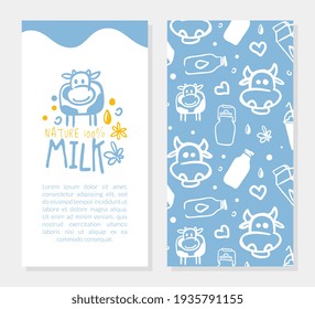 Natural Milk Card Template, Organic Dairy Products Banner, Brochure, Flyer, Poster, Card, Packaging with Hand Drawn Seamless Pattern Vector Illustration