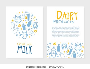 Plantilla de tarjeta de leche natural con texto, pancarta de productos lácteos orgánicos, folleto, volante, cartel, empaque e iluminación de vectores dibujados a mano