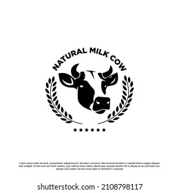 Natural milk cow logo design. Cow head with wheat vector for your brand or business