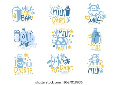 Natural Milk And Fresh Dairy Products Set Of Colorful Promo Sign Design Templates With Cows And Milk Packs