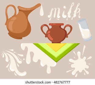 Natural milk graphics with cow illustration , milk bucket ,milk box bottle and glass of milk